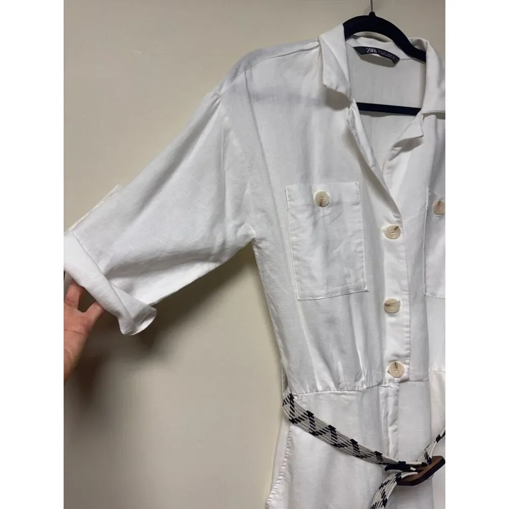 NWOT - ZARA Linen/Cotton Blend Belted Jumpsuit, Zip Fly, Roll Tab Sleeves, Sz S